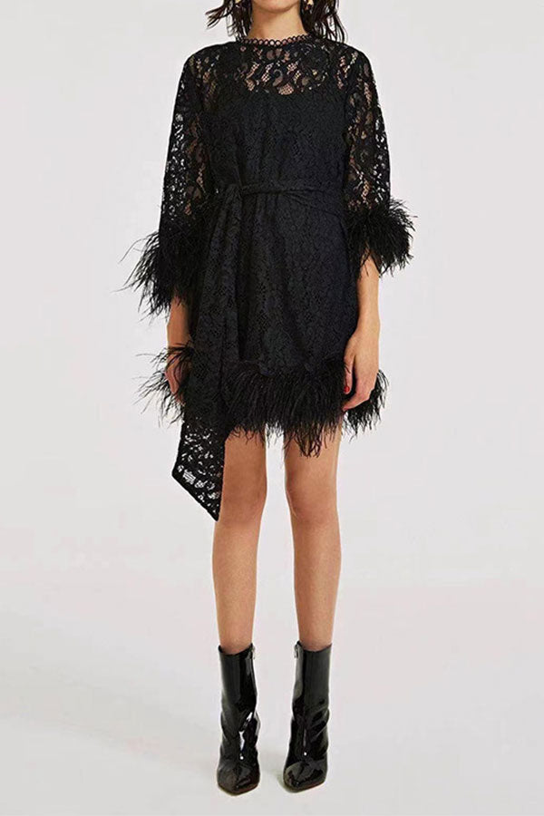 namcoverse Black Feather Trim Sophisticated Lace Belted Mini Dress