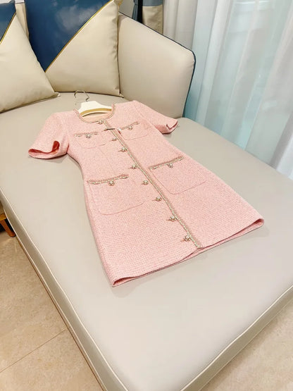 Autumn Round Neck Tweed Panelled Dress Pink Solid Color Short Sleeve Pockets Short Single-Breasted Casual Dresses 622738946335