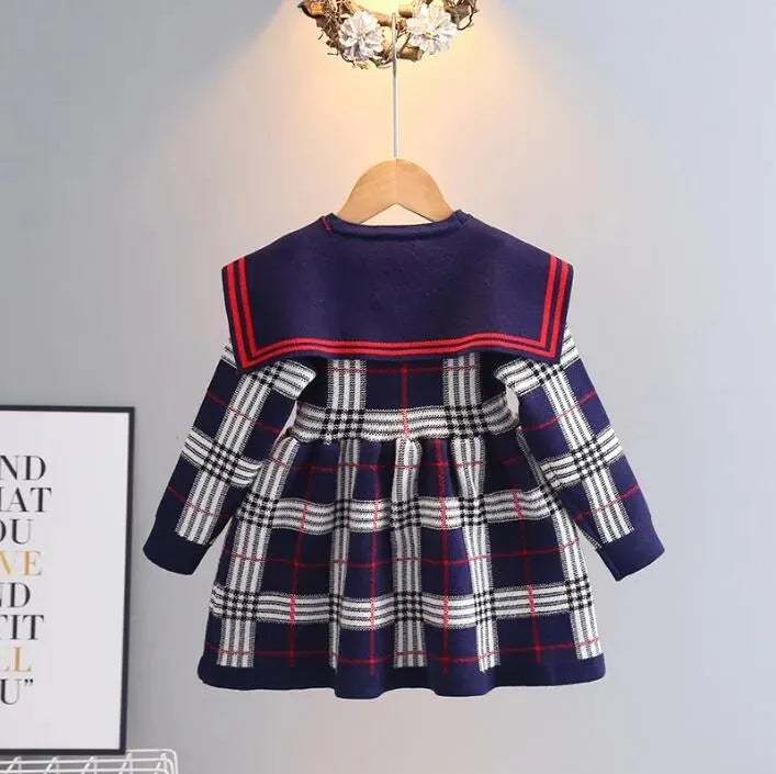 Retail Baby Girls Knitted Plaid Sweaters Dresses Spring Autumn Girl Long Sleeve Princess Dress Kids College Style Knitting Dress 2-7 Years