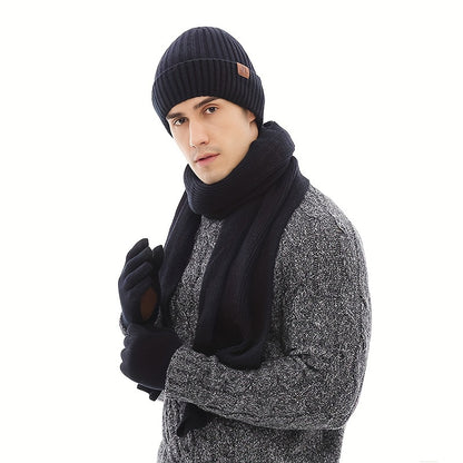 Winter Warmth Set for Men - Thickened Velvet Knitted Gloves with Non-Slip Touch Screen, Long Scarf, and Fashionable Hat for Cold Weather - Soft, Breathable, and Stylish Accessories for Outdoor Activities