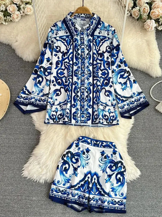 Summer Holidays Blue And White Porcelain Two Piece Suit Women Flare Sleeve Loose Shirt Top Flower Printed Pocket Shorts Sets 240325