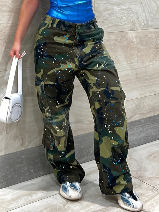 Comfortable Women's Camo Print Straight Leg Pants - Outdoor Recreation Hiking Trousers with American Retro Style, High Street Fashion, and Relaxing Fit for Casual Daily Wear