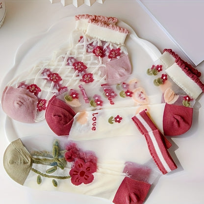 3/5 Pairs Of Teenager's Cute Low-cut Ankle Socks, Ultra-thin Silk Sweet Bear & Floral Design, Soft Comfy Cotton Blend Socks For Summer