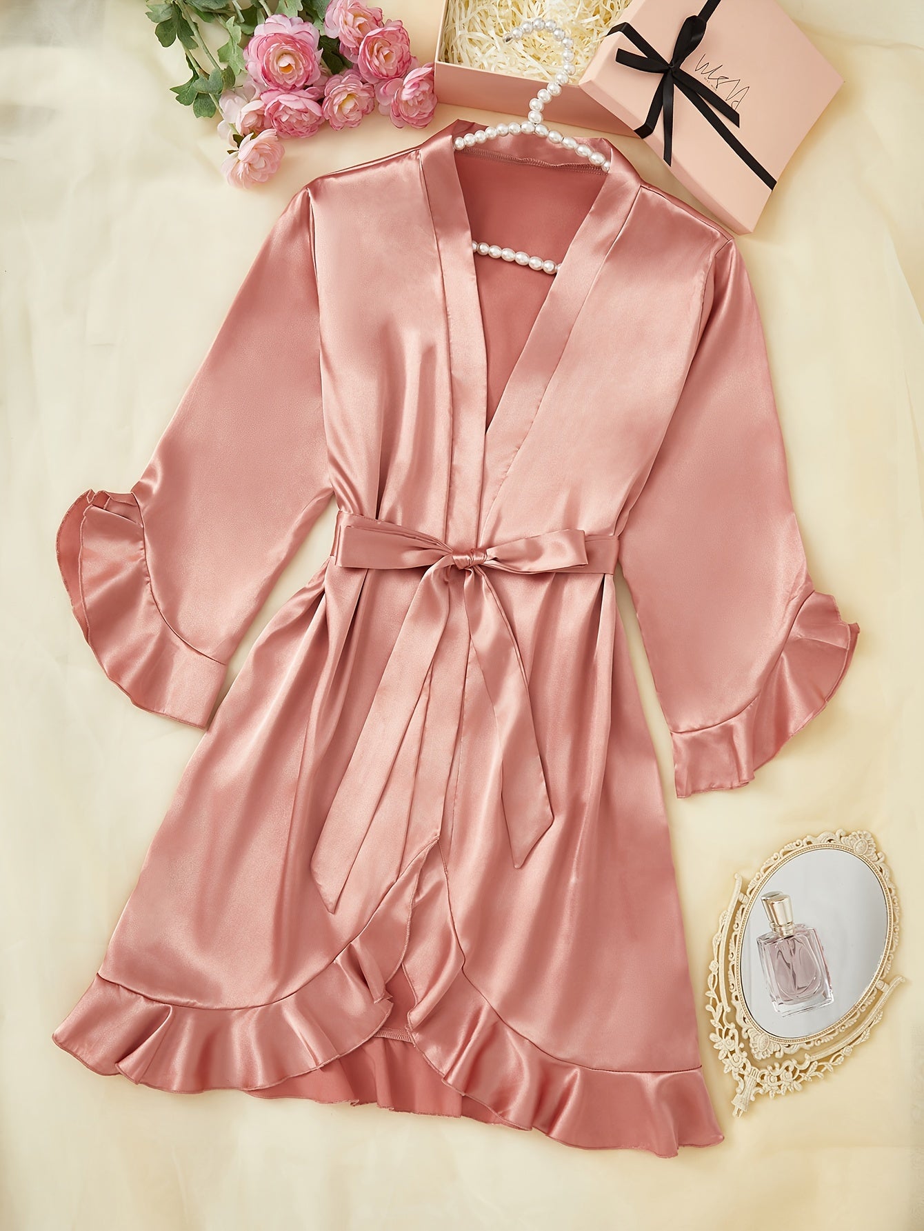 Elegant All-Season Satin Night Robe with Ruffle Detail, V-Neck & Long Sleeves – Luxurious Comfort with Belt, Easy-Care Women's Sleepwear