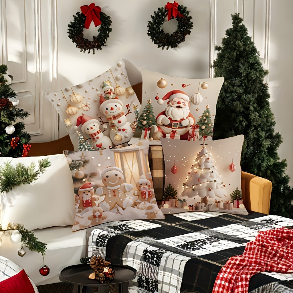 Christmas Holiday Throw Pillow Covers Set of 4, Contemporary Zippered Polyester Cushion Cases, Machine Washable, for Living Room and Bedroom - Festive Santa, Snowman, Gingerbread, Christmas Tree Print, 17.72x17.72 Inches