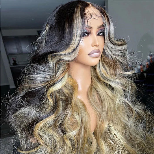 Ash Blonde Highlights 13x4 Lace Front Human Hair for Women Black Roots Ombre Body Wave Synthetic Wig Pre Plucked