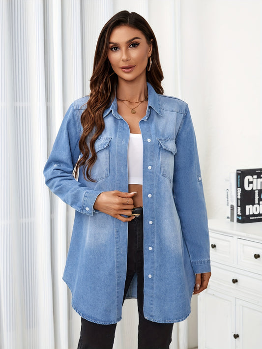 Women's Casual Denim Long Shirt - Button-Up, Non-Stretch, Machine Washable - Perfect For Spring/Fall