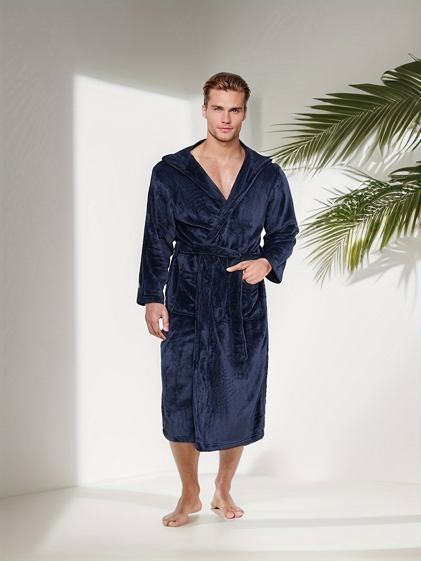 Men's Elegant Solid Fleece Hooded Bathrobe, Plush Flannel Robe With Pockets, All-Season Casual Lounge Robe