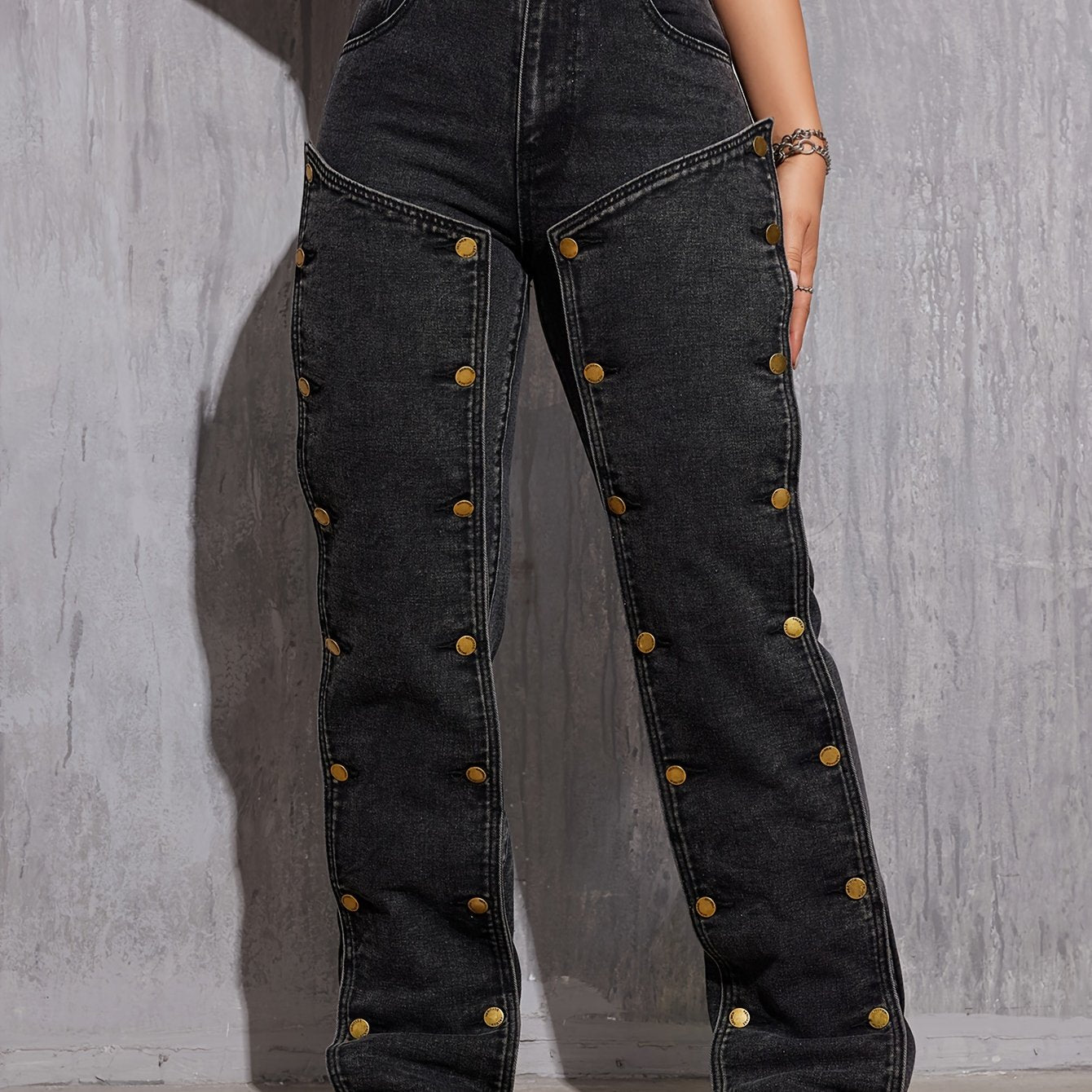 Womens High-Rise Street Chic Jeans - Non-Stretch Hip Hop Cargo Pants with Removable Buttons & Practical Pockets - Denim Workwear Style