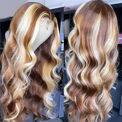 Peruvian Hair Blonde Highlight Lace Front Wig Body Wave 13X4 Lace Frontal Wigs Honey Blonde Colored Synthetic Cosplay Wigs for Black Women