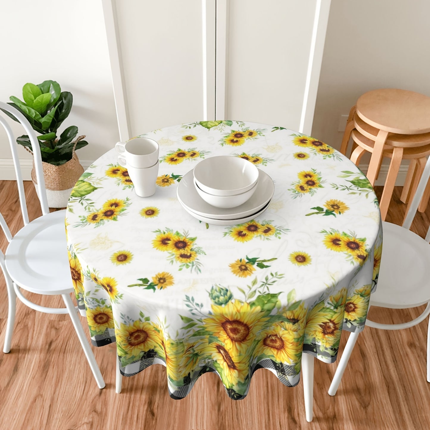 1pc, Polyester Tablecloth, Summer Sunflower Table Cover, Sunflower Buffalo Plaid Checkered Table Cover, Stain Wrinkle Free Tablecloth, For Home Kitchen Dining Party Decoration, Gift