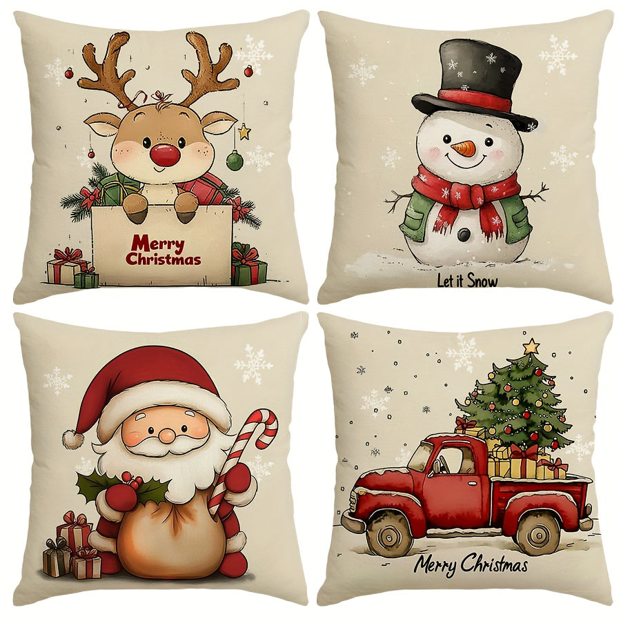 Festive 4pcs Set of Rustic Christmas Throw Pillow Covers - Santa, Reindeer, Snowman & Tree Designs | Durable Polyester, Zip Closure | Perfect for Living Room, Bedroom & Sofa Decor | Machine Washable | 17.72" Square
