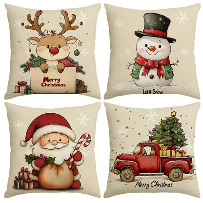 Festive 4pcs Set of Rustic Christmas Throw Pillow Covers - Santa, Reindeer, Snowman & Tree Designs | Durable Polyester, Zip Closure | Perfect for Living Room, Bedroom & Sofa Decor | Machine Washable | 17.72" Square