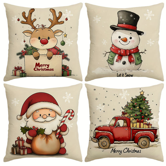 Festive 4pcs Set of Rustic Christmas Throw Pillow Covers - Santa, Reindeer, Snowman & Tree Designs | Durable Polyester, Zip Closure | Perfect for Living Room, Bedroom & Sofa Decor | Machine Washable | 17.72" Square