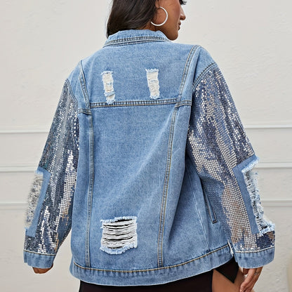 Shimmering Sequin Denim Jacket - Oversized, Ripped & Distressed - Long Sleeve with Flap Pockets - Loose Fit Womens Coat - Ideal for Carnaval Music Festivals