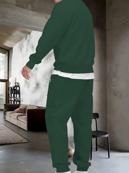 Men's Festive Christmas Outfit Set - Casual Long Sleeve Crew Neck Sweatshirt & Joggers with Santa Print, Machine Washable