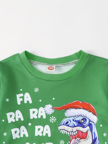 For Kids Boys, Christmas Dinosaur Print Sweatshirt with Christmas Hat Pattern - Keep Your Little One Warm and Trendy!