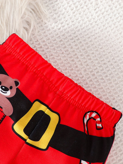 1set Infant Boys' Christmas Santa Print Long Sleeve Sweatshirt and Pants Set, Polyester and Spandex Blend, Round Neck, Regular Fit, Party Style, Knitted Fabric, Festive Holiday Outfit for Autumn/Winter, for Outdoor