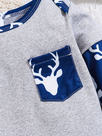 2pcs Elk Pattern Bodysuit & Hat & Casual Pants Set, Cartoon Splicing Toddler & Infant Boy's Clothing for Spring Fall Christmas, Outdoor