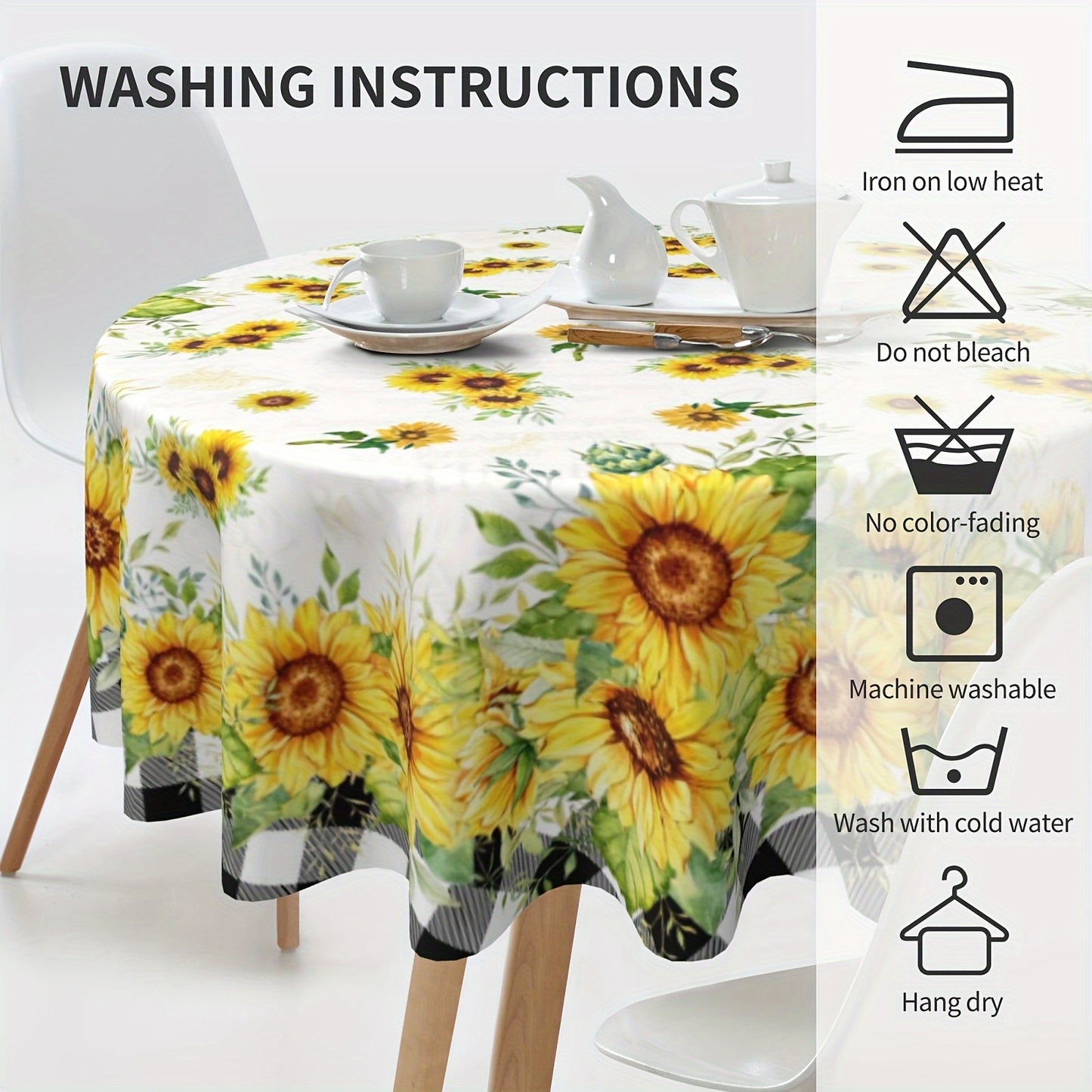 1pc, Polyester Tablecloth, Summer Sunflower Table Cover, Sunflower Buffalo Plaid Checkered Table Cover, Stain Wrinkle Free Tablecloth, For Home Kitchen Dining Party Decoration, Gift