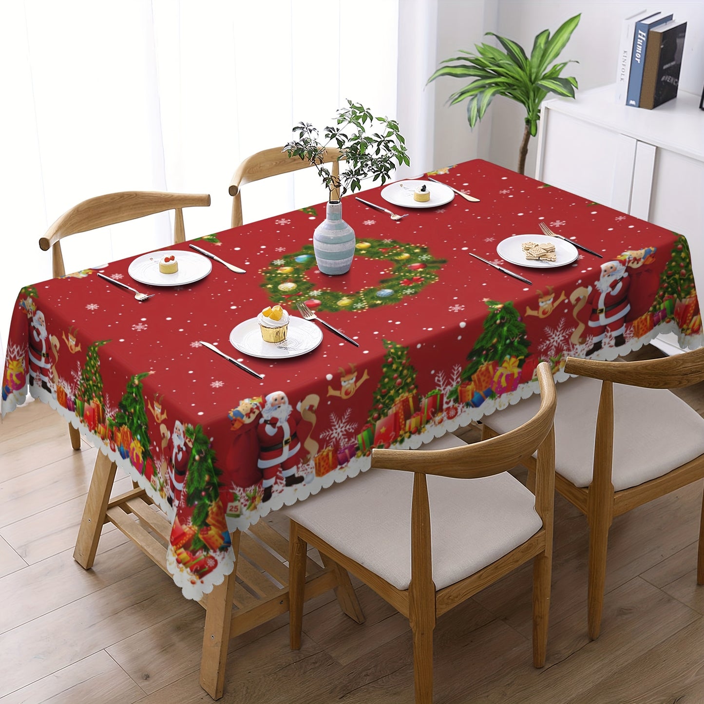 1pc Vibrant Merry Christmas Polyester Tablecloth - Pine Tree Snowflake Santa Claus Pattern, Waterproof, Stain-Resistant, Easy-to-Clean, Atmospheric Table Decor, Holiday Desktop Decoration Fabric, Home Decoration, Christmas Decor, Gift Idea for Family and
