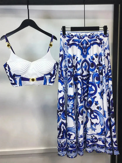 Banulin Bohemain 2-piece set of blue and white ceramic tiles womens spaghetti shoulder strap gold button vest topprinted long sleeved tight fitting clothes 240508