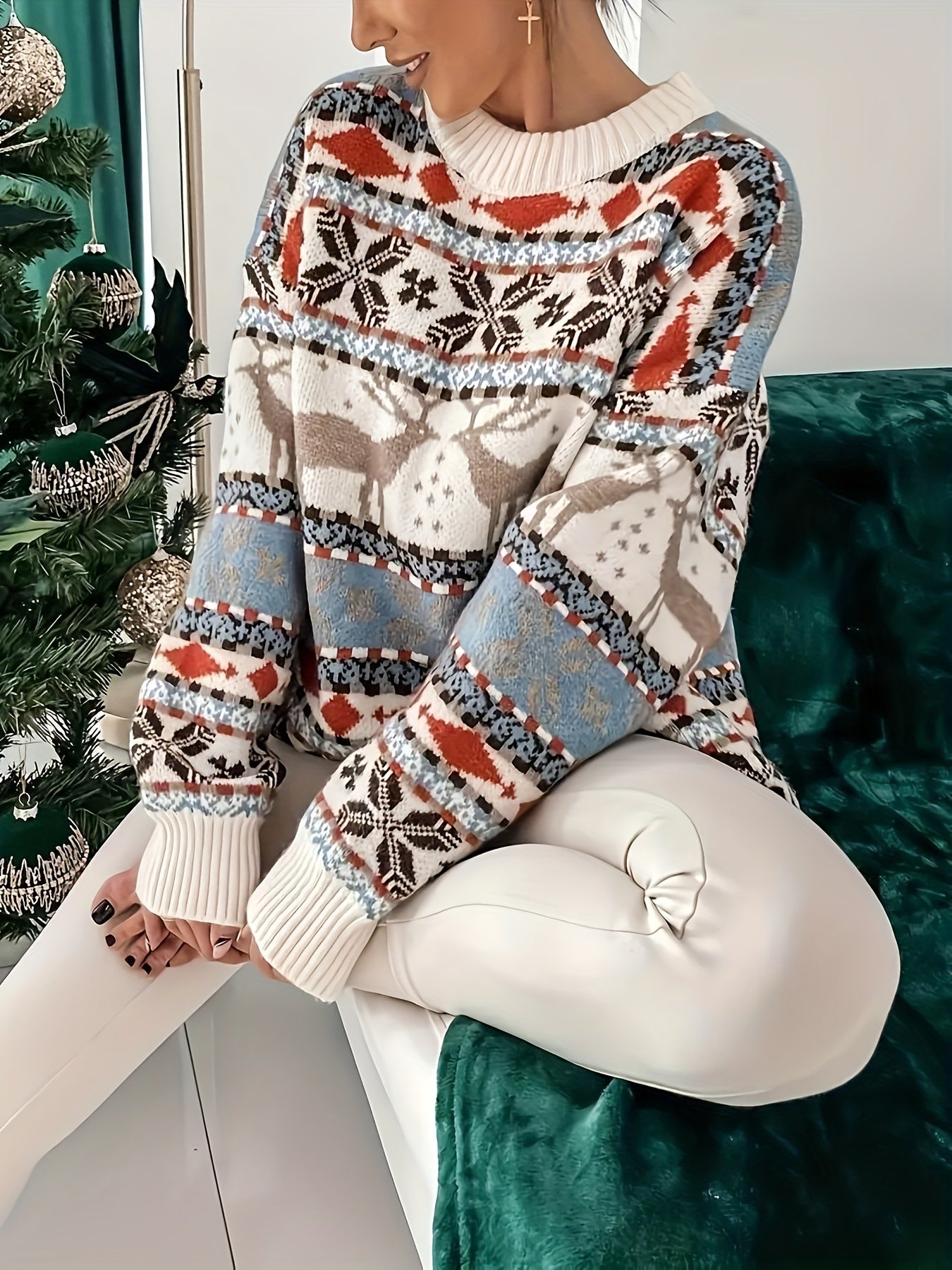 Cozy Christmas Reindeer Geometric Pattern Sweater - Casual Crew Neck, Long Sleeve Pullover for Women