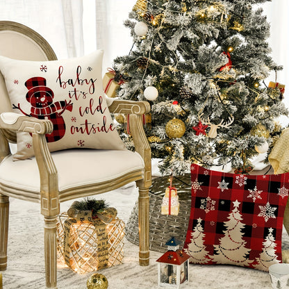 4pcs Festive Christmas Throw Pillow Covers (18"x18") - Cozy Snowman & Buffalo Plaid Designs with Zip Closure - Machine Washable Polyester - Perfect for Home & Office Decor