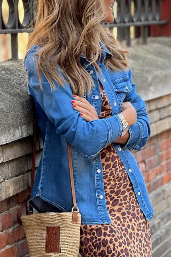 flowersverse flowersverse - The cowboy blue Street Solid Pocket Turndown Collar Long Sleeve Loose Denim Jacket