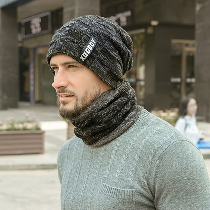 1 Set Solid Color Breathable Warm Hats With Neck Scarf, Winter Thickened Knitted Brimless Hats With Ear Protection Design