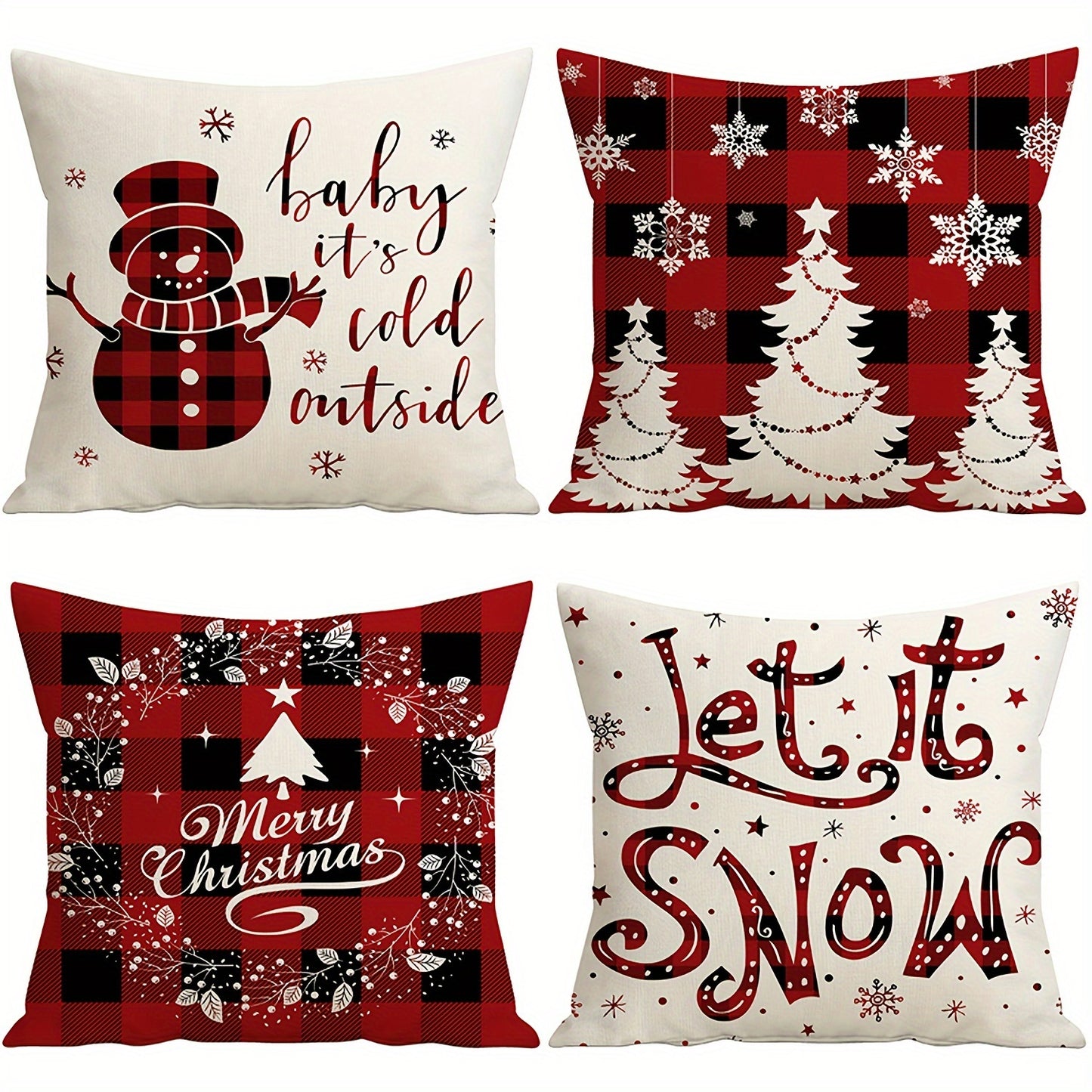 4pcs Festive Christmas Throw Pillow Covers (18"x18") - Cozy Snowman & Buffalo Plaid Designs with Zip Closure - Machine Washable Polyester - Perfect for Home & Office Decor