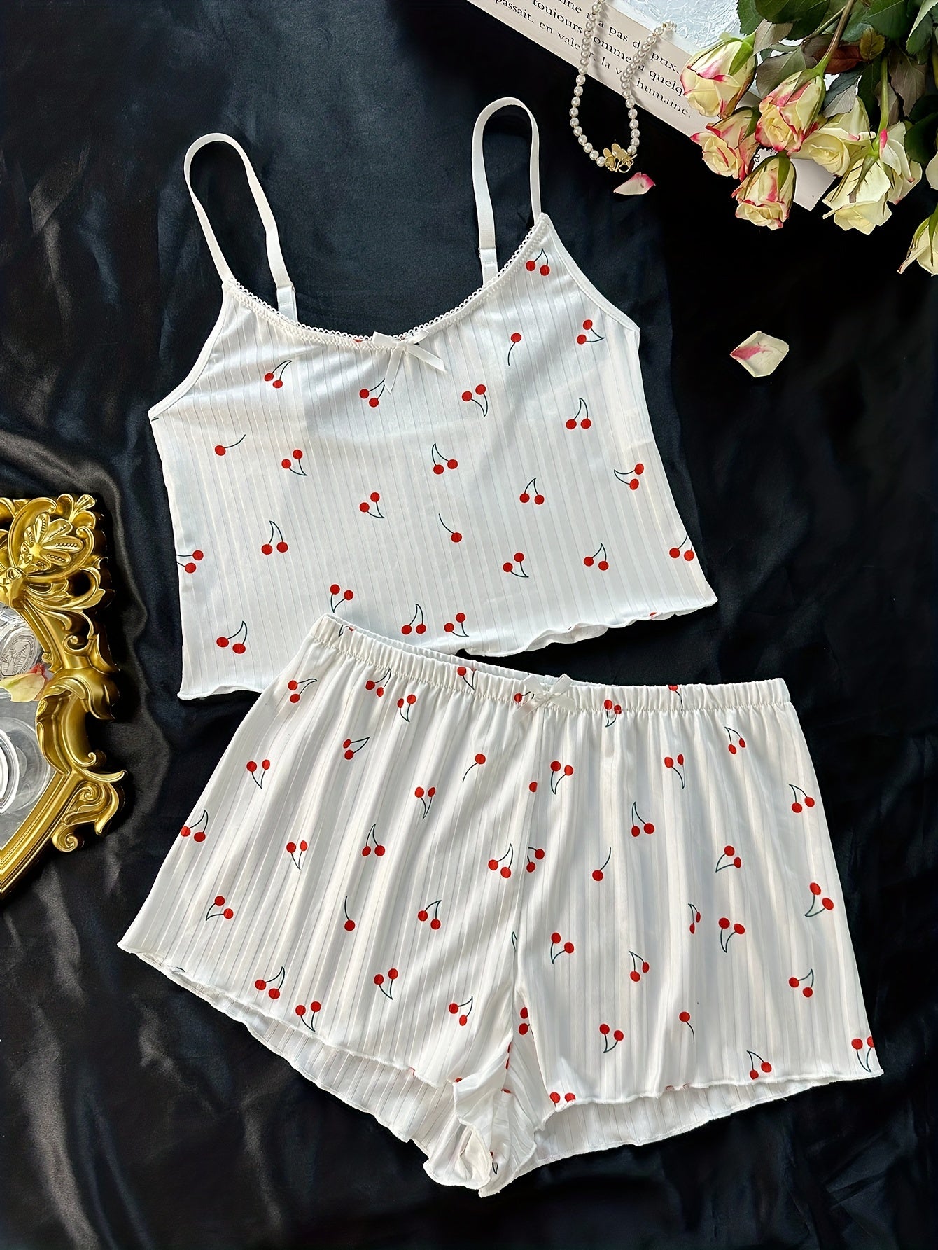 Chic Cherry-Print Women’s Pajama Set: Comfy, Cute Bow-Detailed Cami Top & Elastic Shorts - Cozy Spring-to-Fall Loungewear