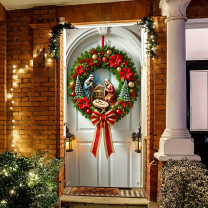 Nativity Scene Christmas Wreath Door Cover - Polyester, Machine Washable, Perfect for All Seasons & Home Decor (70.87x35.43 inches)