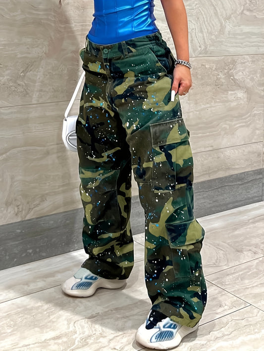 Comfortable Women's Camo Print Straight Leg Pants - Outdoor Recreation Hiking Trousers with American Retro Style, High Street Fashion, and Relaxing Fit for Casual Daily Wear