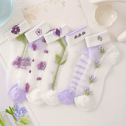 3/5 Pairs Of Teenager's Cute Low-cut Ankle Socks, Ultra-thin Silk Sweet Bear & Floral Design, Soft Comfy Cotton Blend Socks For Summer