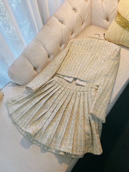 Spring Champagne Beaded Rhinestone Two Piece Dress Sets Long Sleeve Round Neck Tweed Pockets Coat + High Waist Pleated Short Skirt Set Two Piece Suits D3N233219