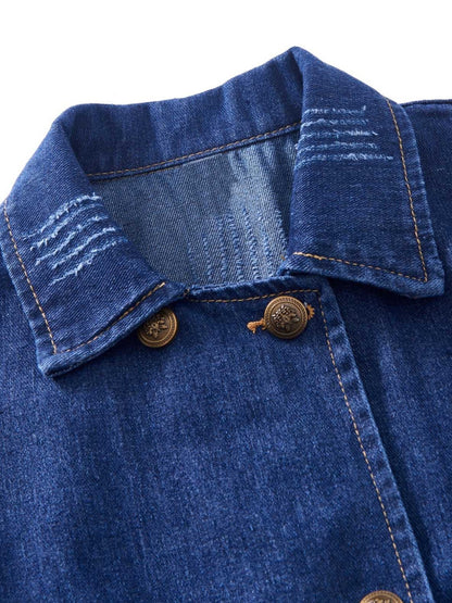 Chic Double-Breasted Denim Jacket: Color Block, Ripped Details - Trendy Fall/Winter Casual Coat with Flap Pockets