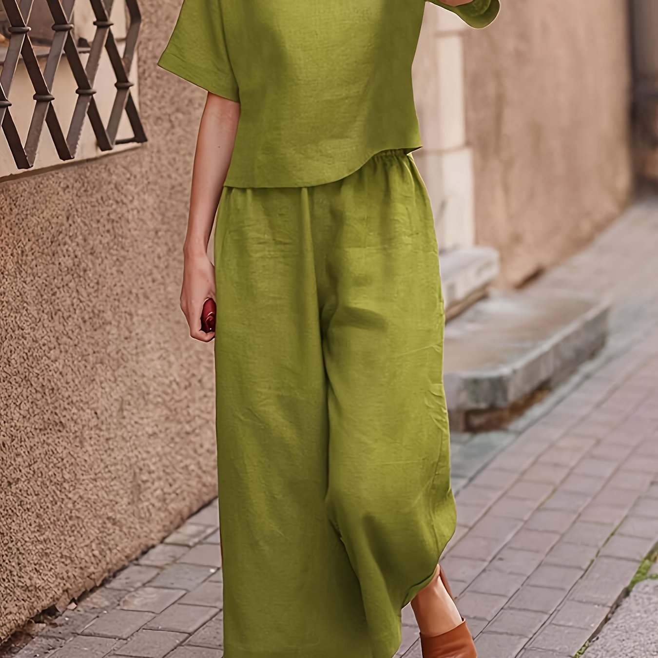 Solid Two-piece Set, Crew Neck Casual T-Shirt & Wide Leg Pants, Women's Clothing