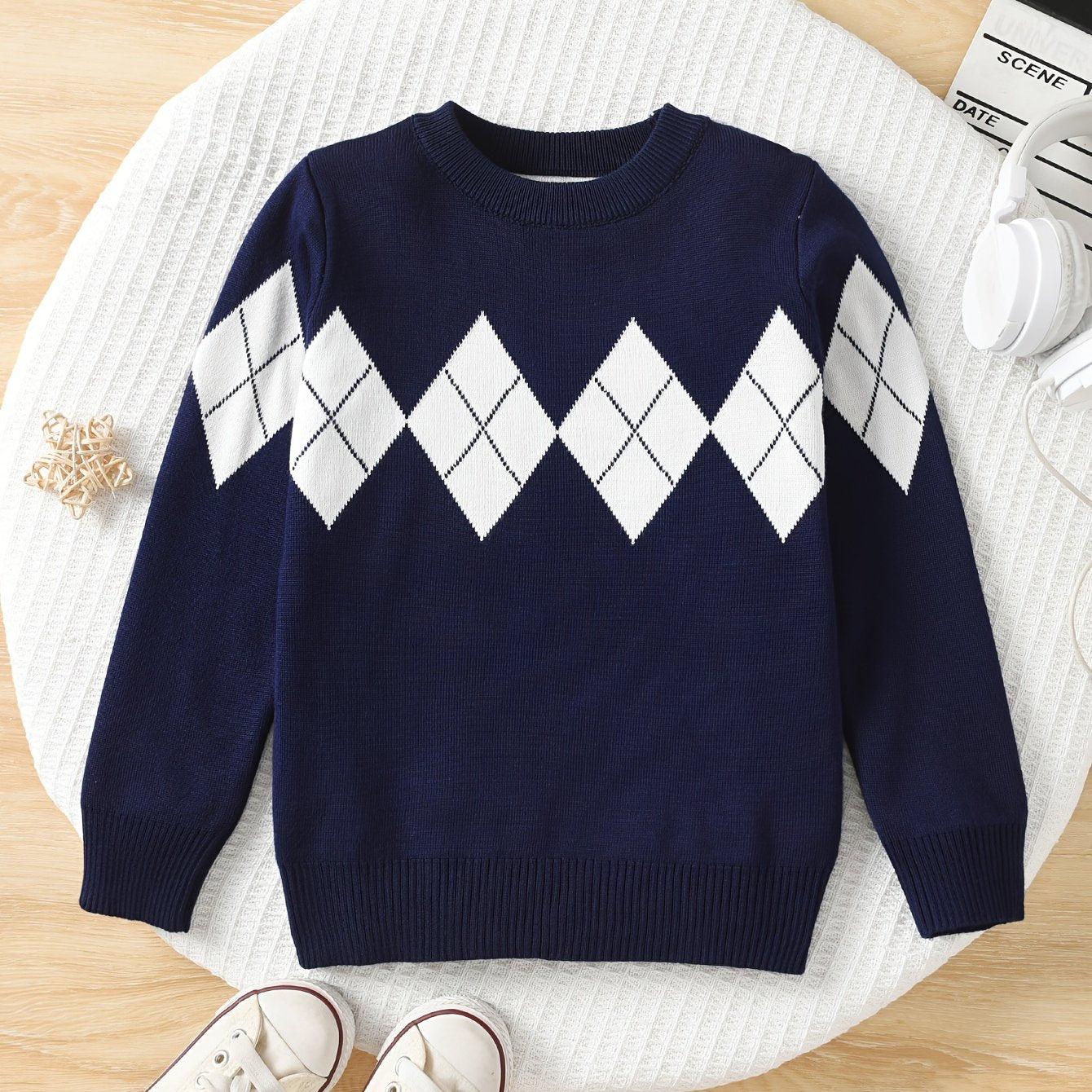 Boys' Classic Argyle Knit Pullover Sweater - Casual Crew Neck, Long Sleeve, Viscose Blend, Medium Stretch, Regular Fit for School Year-Round Wear