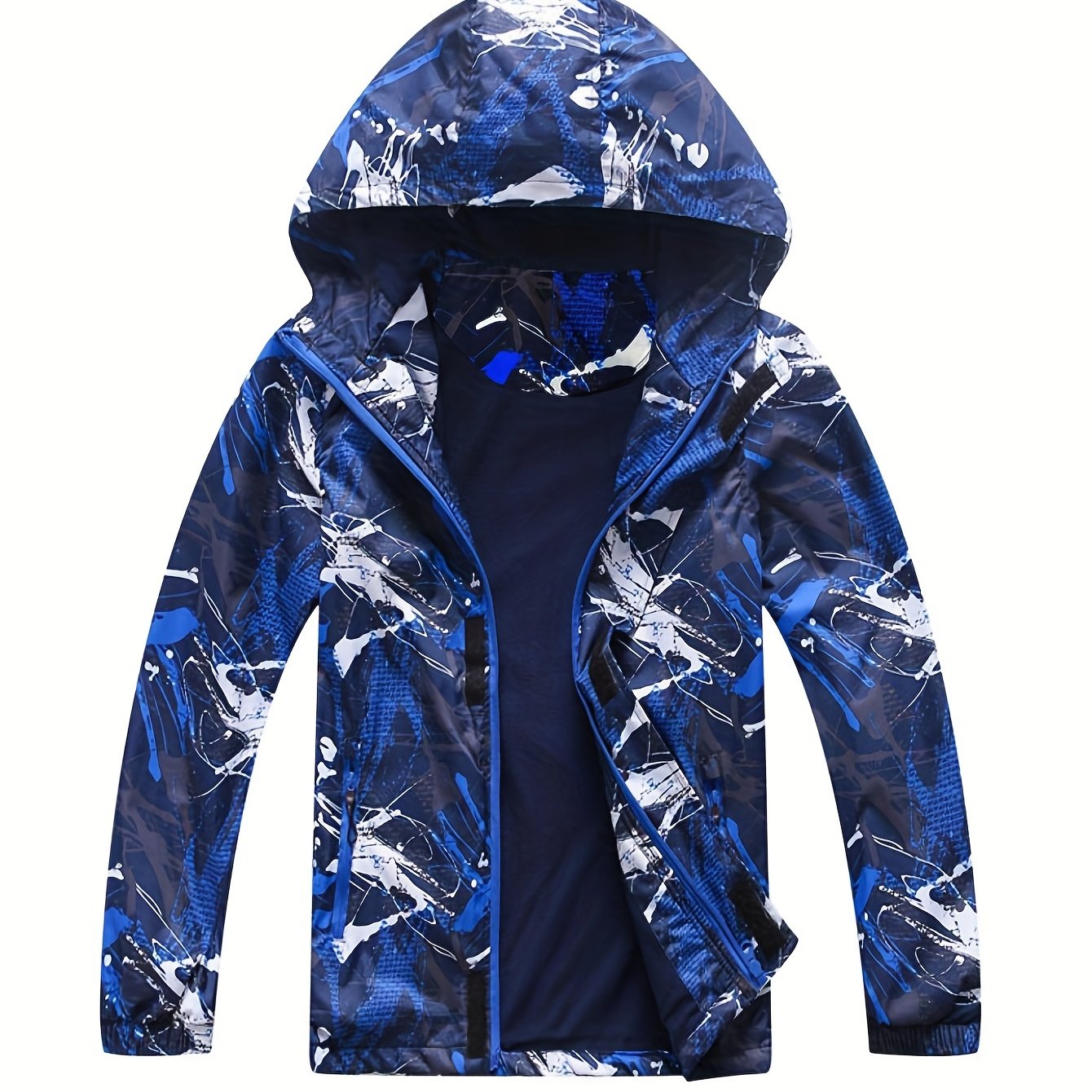 Boys Fashion Windbreaker Fleece Lining Hooded Jacket, Long Sleeve Zip Up Waterproof Jacket, Kids Clothing