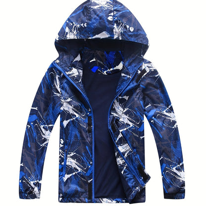 Boys Fashion Windbreaker Fleece Lining Hooded Jacket, Long Sleeve Zip Up Waterproof Jacket, Kids Clothing
