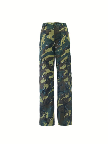 Comfortable Women's Camo Print Straight Leg Pants - Outdoor Recreation Hiking Trousers with American Retro Style, High Street Fashion, and Relaxing Fit for Casual Daily Wear