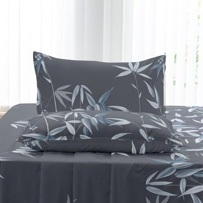 4pcs Luxurious Bamboo Leaf Print Fitted Sheet Set - Soft, Breathable, Comfortable, Hypoallergenic Bedding for Bedroom, Guest Room - 1 Flat Sheet, 1 Fitted Sheet, 2 Pillowcases, No Core Included, Easy Care, Wrinkle-Resistant, and Fade-Proof
