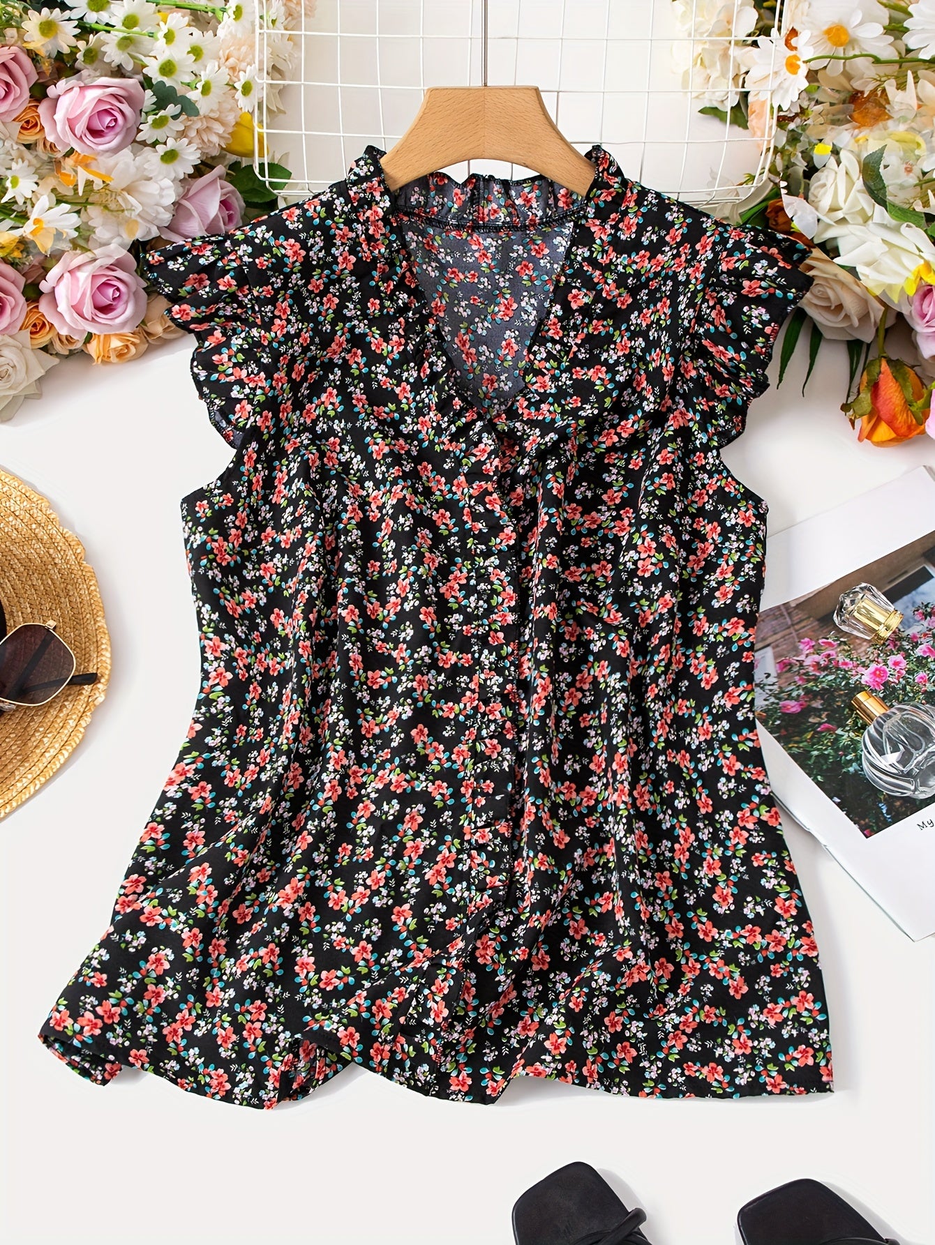 Plus Size Floral Print V Neck Ruffle Sleeve Blouse for Women - Chic Vacation Top with Polyester Fabric, Woven Construction, and Random Floral Pattern - Perfect for Spring and All Seasons