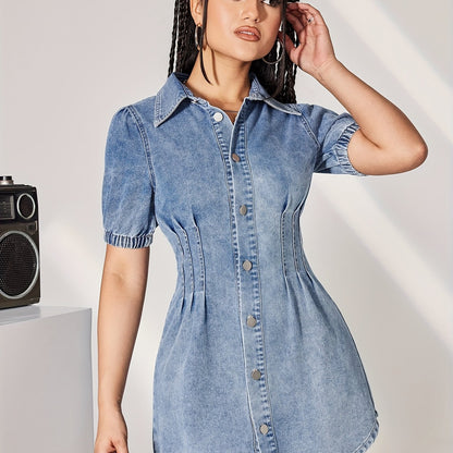 Elegant Ruffle-Waist Denim Dress for Women - Breathable, Versatile & Easy-Care with Short Sleeves, Ideal for Spring to Fall