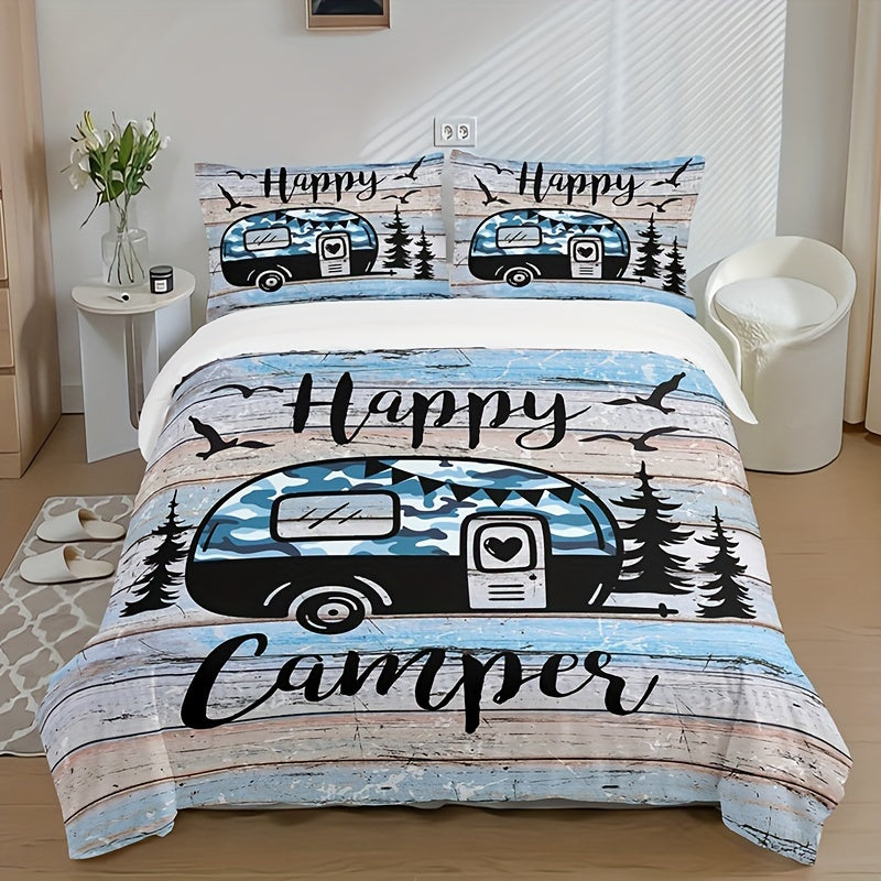 3pcs Camping Theme Duvet Cover Set, Fashion Forest Car Print Bedding Set, Soft Comfortable Duvet Cover, For Bedroom, Guest Room (1*Duvet Cover + 2*Pillowcase, Without Core)