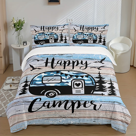 3pcs Camping Theme Duvet Cover Set, Fashion Forest Car Print Bedding Set, Soft Comfortable Duvet Cover, For Bedroom, Guest Room (1*Duvet Cover + 2*Pillowcase, Without Core)
