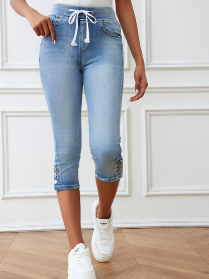 Stretchy Capri Denim Jeans - Ultra-Stretchy, Adjustable Drawstring Waist, Fashionable Split-Hem, High-Quality Denim, Casual Mid-Calf Pants for Women, Street Style, Perfect for Summer