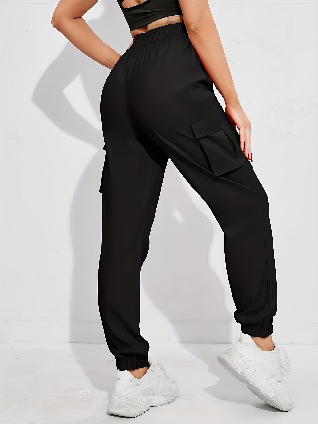 2 Pack Solid Jogger Cargo Pants - Women's Casual Pants with Flap Pockets and Elastic Waistband - Comfortable and Versatile Clothing for Everyday Wear