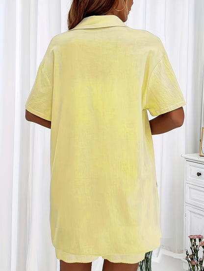 Two-Piece Elegant Casual Set - Lapel Collar Short Sleeve Blouse & Drawstring Shorts Outfit - Polyester, Machine Washable, Solid Color, No Printing, Spring/Summer Essential for Women